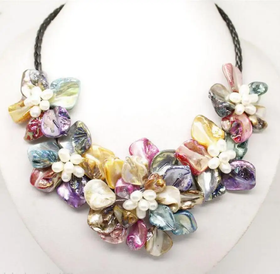 

Jewelry Stunning Multicolor Freshwater Pearl Sea Shell Flower Leather Necklace 18"