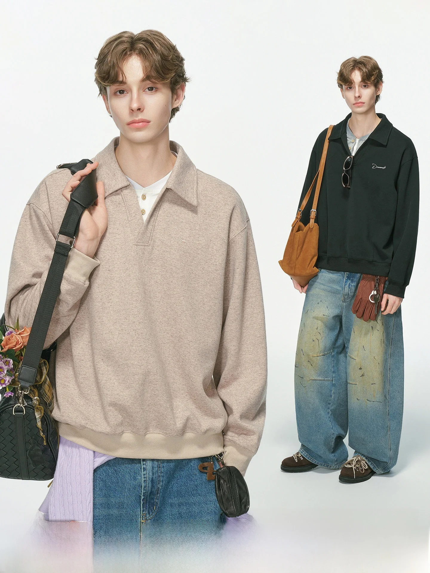 American Style  Shirt Sweatshirt Men's Autumn Commuting V-neck Layered Top Linen Fabric Long Sleeve Youth Fashion