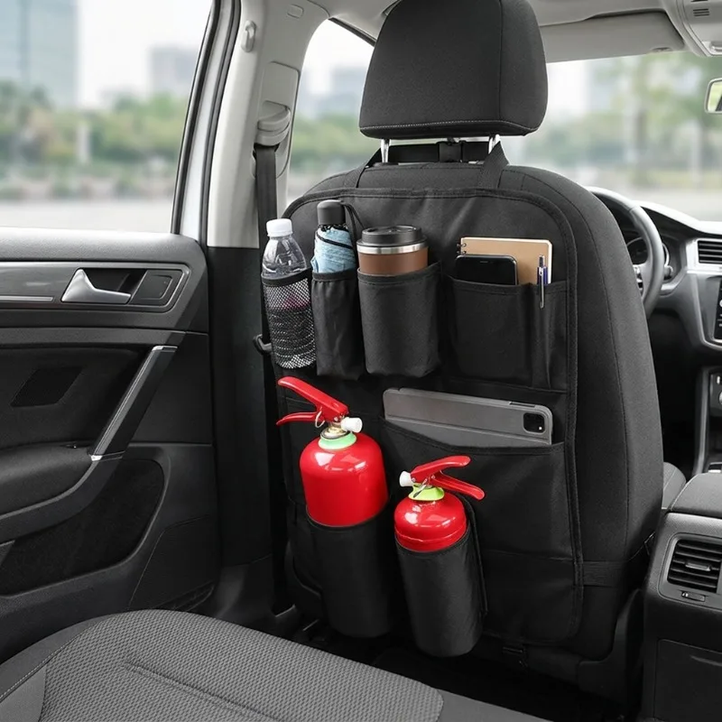 Car Seat Organizer with Cup Holder, Umbrella Storage and Fire Extinguisher Mount, Multi-Function Back Seat Storage Bag for Car