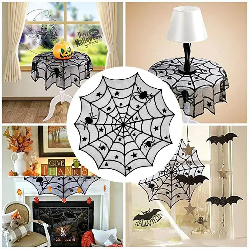 Halloween Tablecloth Bat Spider Web Black Lace Tablecloth Mantel Cloth Family Table Decoration Web Tablecloth Kitchen Dining