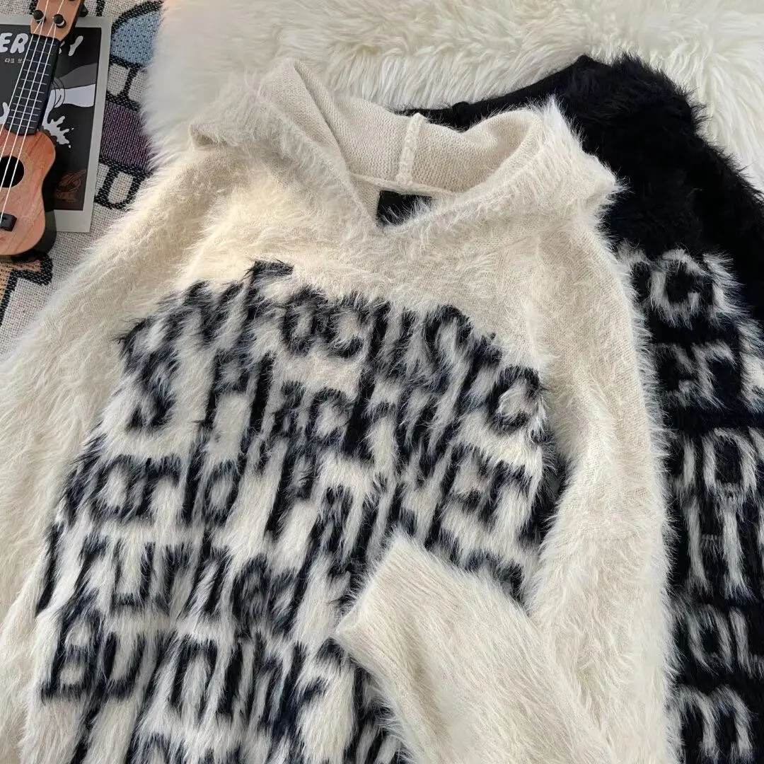 

Теплая толстовка с капюшоном из полиэстера с вышивкой букв и осень-зима, американская вязаная свободная верхняя одежда Lazy Sle