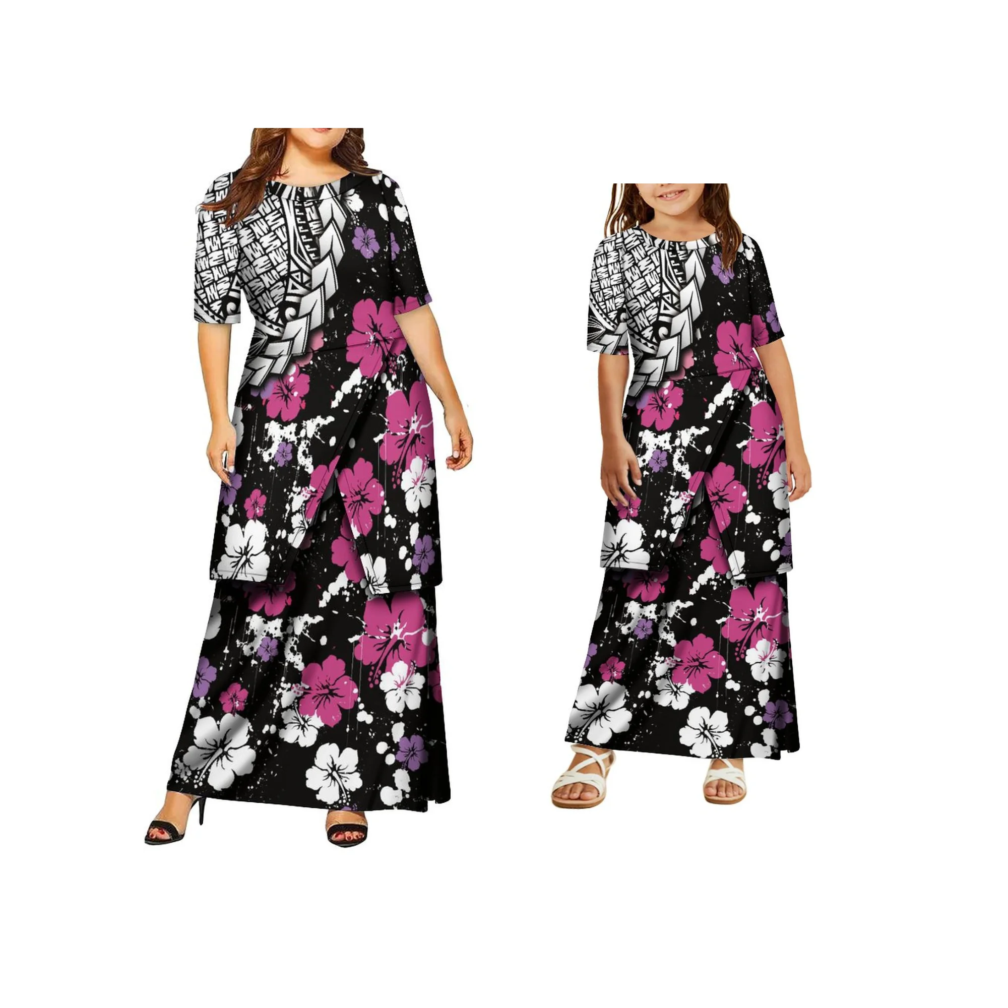 

2026 New Arrivals Custom Polynesian Tribal Design Puletasi Mother and Daughter Dress Set Large Size 2 Piece Dress