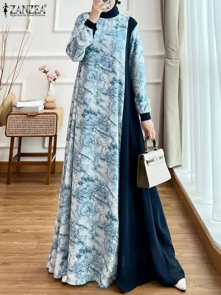 Women Spring Patchwork Maxi Dress ZANZEA Floral Printed Muslim Abaya Robe Femme Long Sleeve Dubai Sundress Islamic Clothing 2024