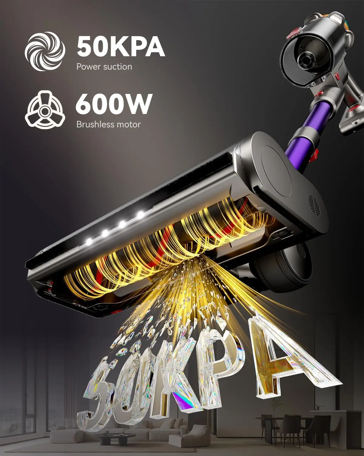 Aspirador de pó sem fio 50KPA, tempo de execução de 65 minutos, copo de poeira XL, escova anti-emaranhado, display LED, autônomo, para madeira dura, carpete,