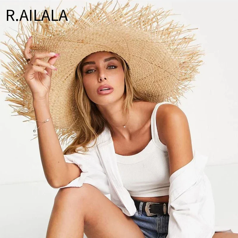 New Natural Lafite Men\'s Women\'s Sun Hats Wide-brimmed Floppy Folding UV Straw Hat Holiday Wedding Fashion Sunscreen Beach Hat