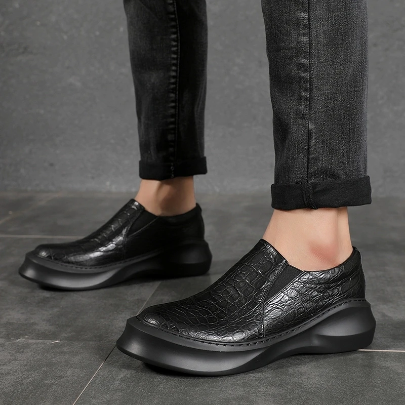 British Luxury Casual Platform Leather Shoes Men's Genuine Leather Round Toe Loafers Male Thick Sole Slip on Work Shoes Youth