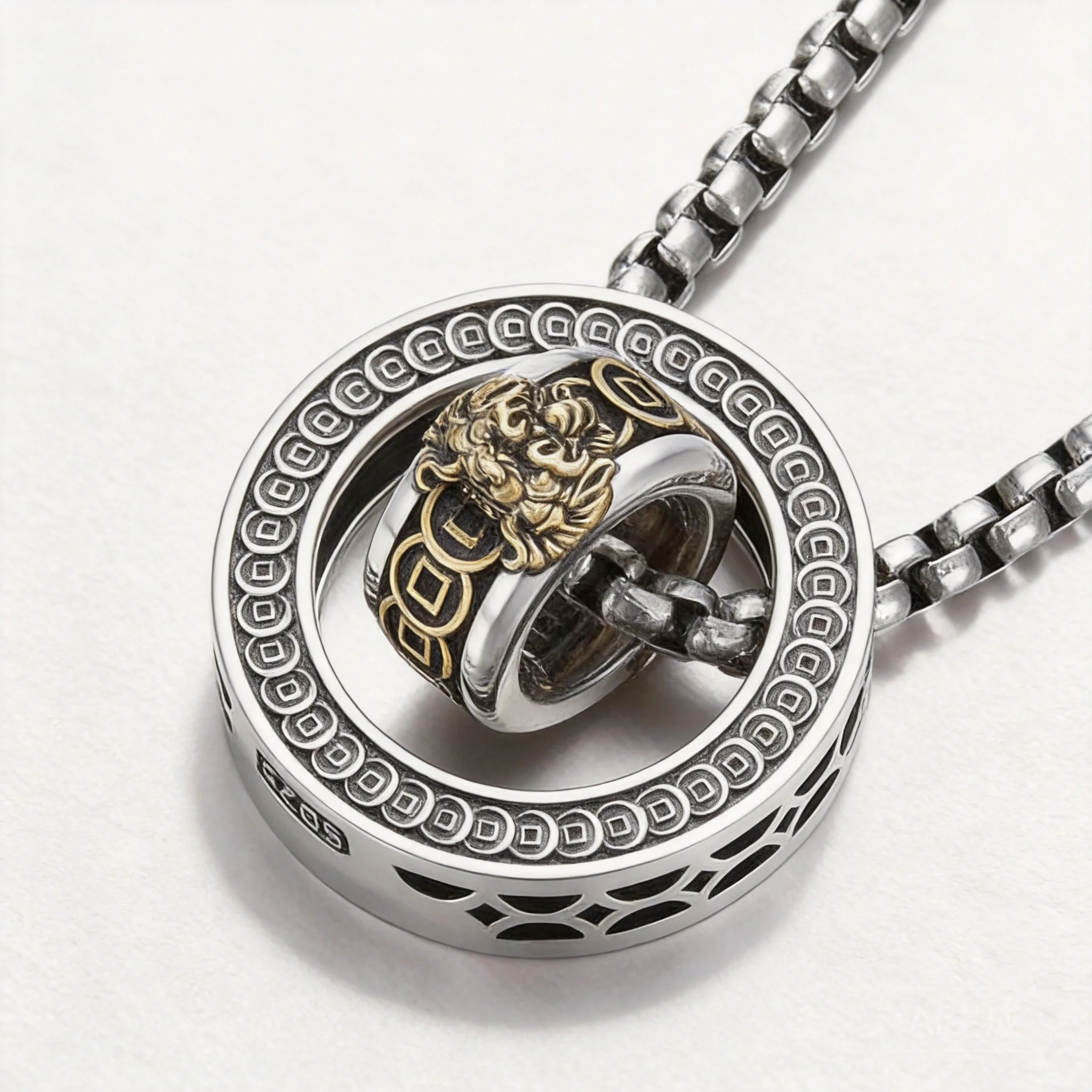 SNQP Chinese Style Lucky Pixiu Double Ring Pendant Necklace For Men Vintage Silver Plated Wealth Attracting Good Luck Fadeless