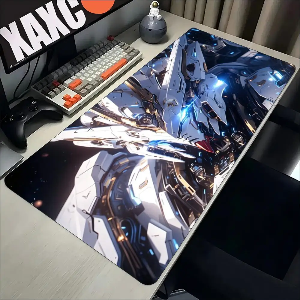 White Mecha Robot Blue Glowing Light Sci-Fi Armor Gaming Mouse Pad XXL Non-Slip Rubber Base Stitched Edge for Streamers