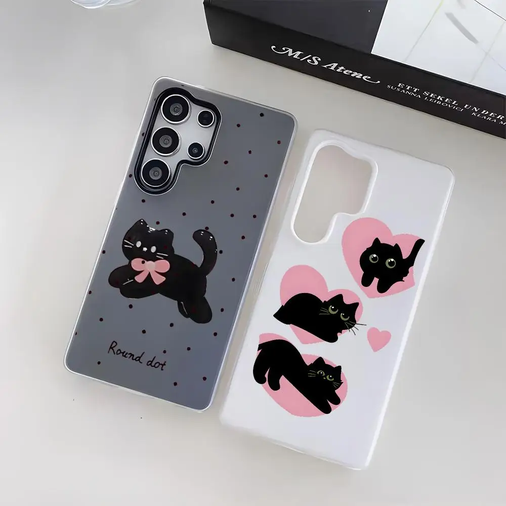 Bow Black Cat Art Phone Case For Samsung Galaxy S25 S24 S23 Ultra Jelly Clear Case Soft TPU 2-in-1 Shockproof Cover
