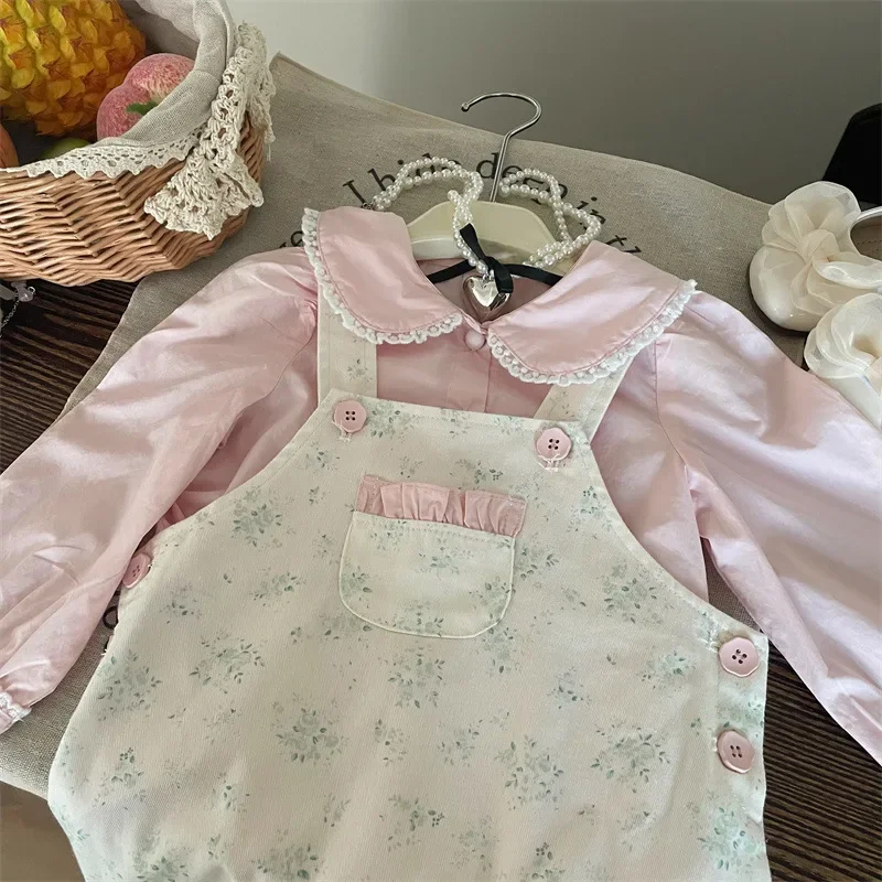 Korean Childrens Clothing 2024 New Autumn Girls Floral Skirt Fashionable Childrens Doll Collar Shirt Two-piece Set Trendy