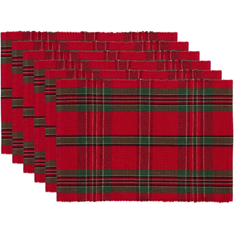 Tartan Table Mats Red Green Woven Placemats Heat Resistant Kitchen Dining Pad Buffalo Check Christmas Holiday Decor 4/6PCS