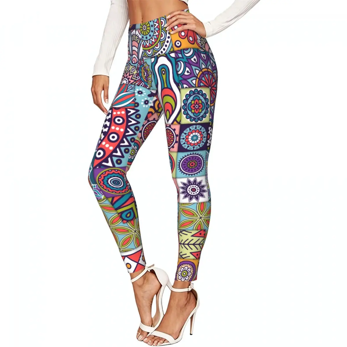 Casual Ladies Slim Leggings Ethnic Mandala Style Elastic High Waist Sports Daily Wear Trousers