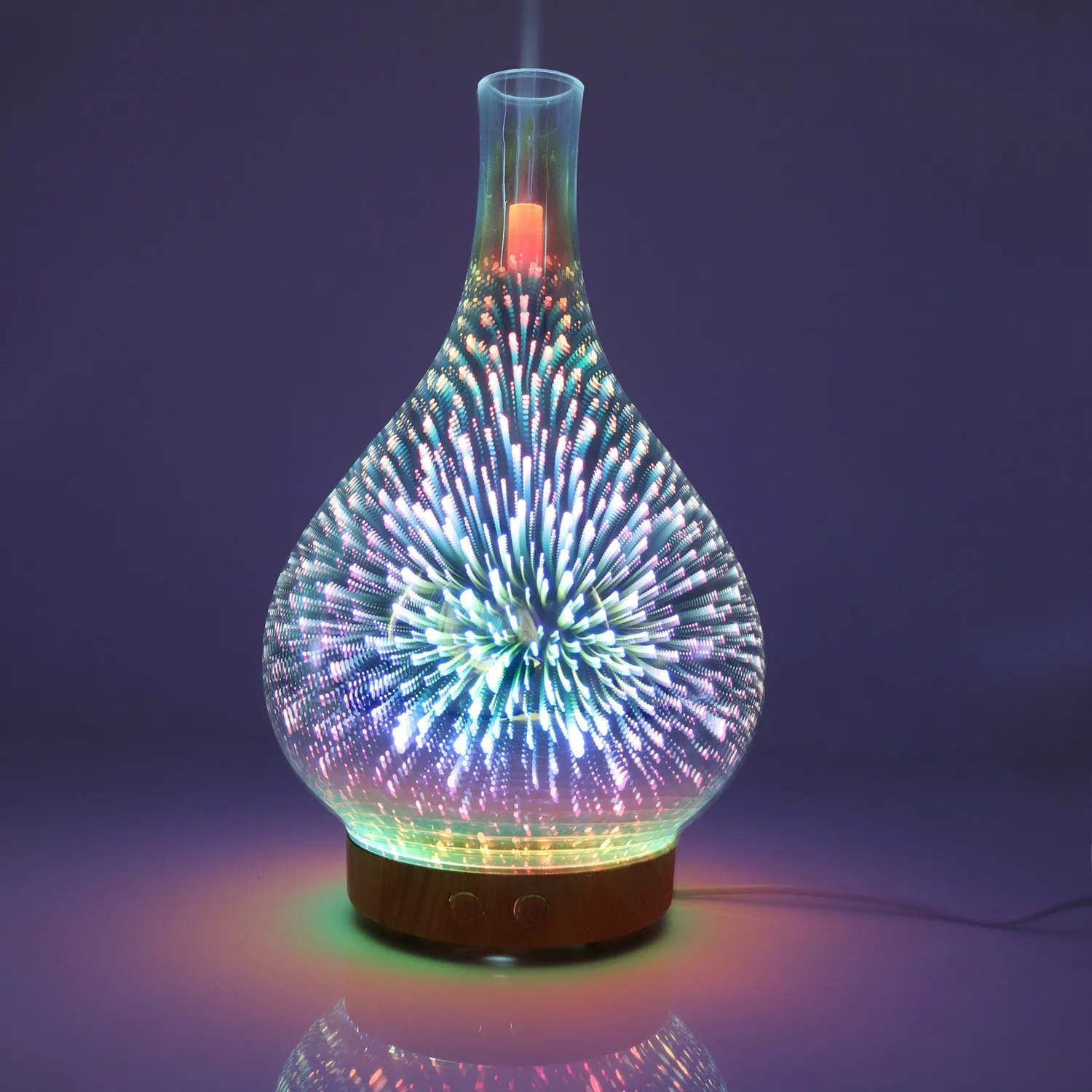 3D Fireworks Glass Vase Humidifier with 7 Color Led Night Light Aroma Essential Oil Diffuser Cool Mist Maker for Home Office