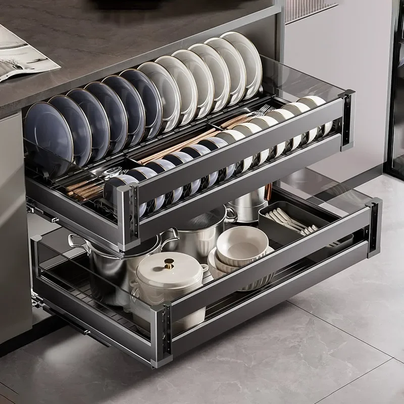 For Kitchen Cabinet Three Layer Aluminum Alloy Pull Out Dish Rack Drawer Basket Plate Organizer Damping Soft Close Storage