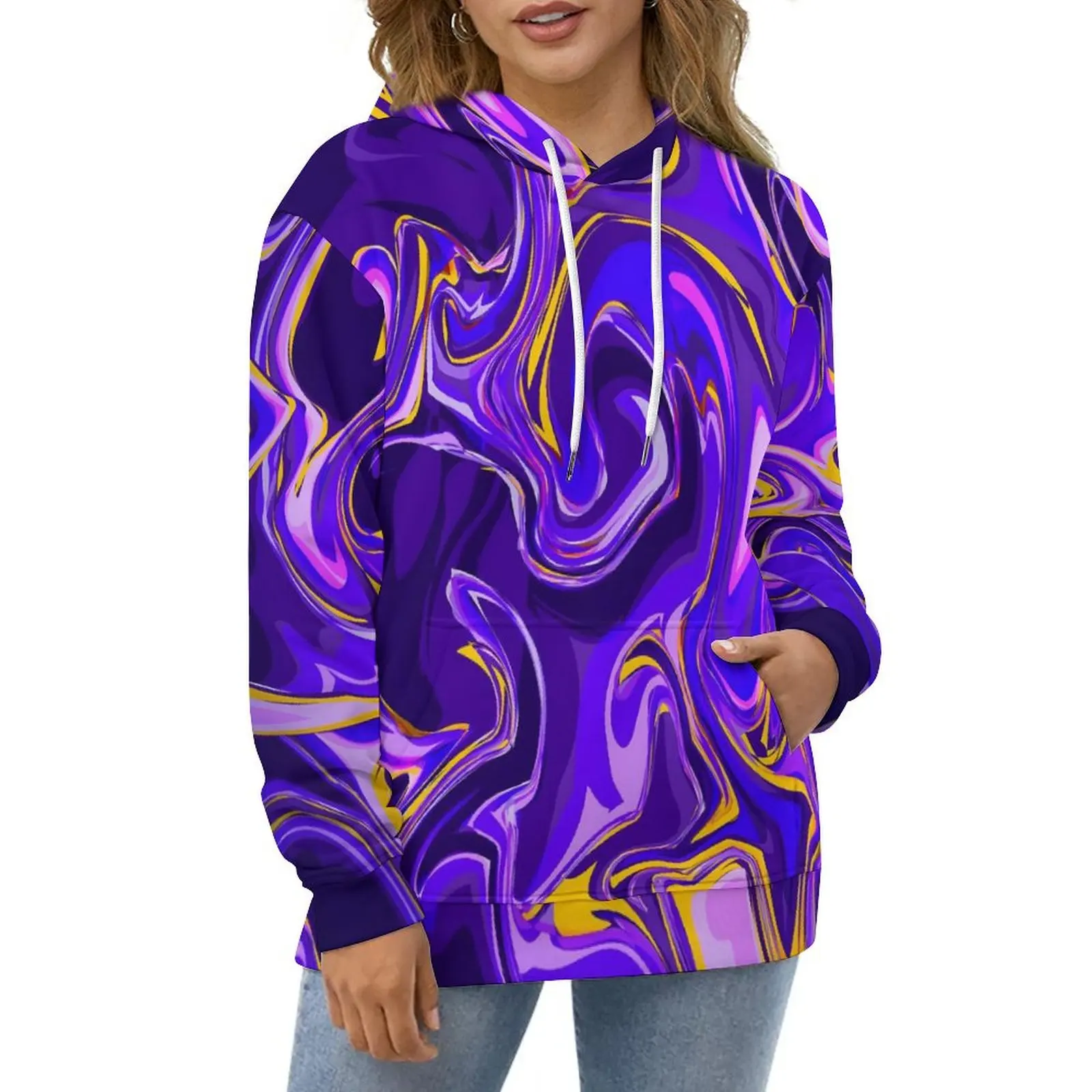 Purple Marble Hoodies Liquid Design Street Style Casual Pullover Hoodie Long-Sleeve Elegant Design Sweatshirts Big Size 4XL 5XL