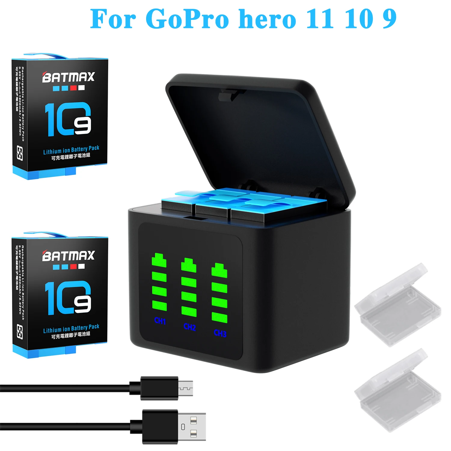 Hero 9 10 11 12 Batmax Akku für Go Pro Hero 10 Hero 11 Schwarze Kameras + Aufbewahrungs-Schnellladegerät für GoPro Action-Sportkamera