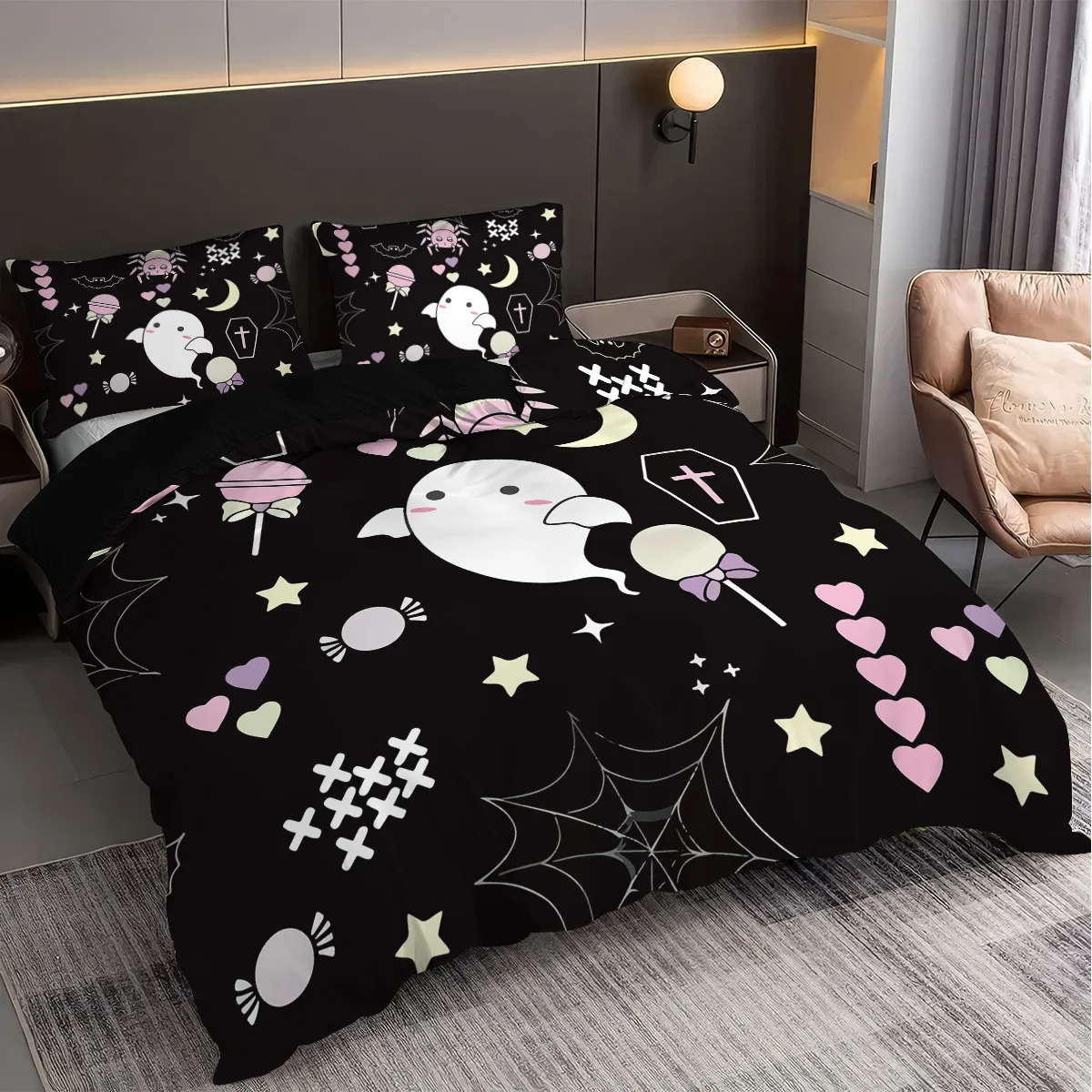 

3pcs Halloween Cute Ghost Printed Bedding Products Coreless Set Bedroom Living Room Dormitory Multiple Sizes Machine Washable