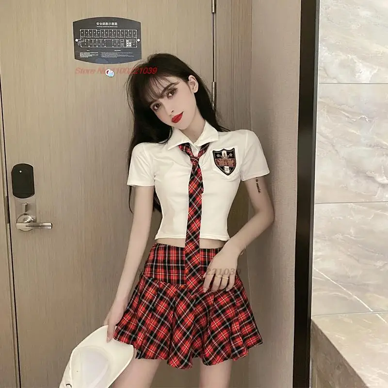 2024 japanese hot girl jk uniform pleated skirt suit sexy college style female uniform setwhite shirt+tie+pleated skirt set