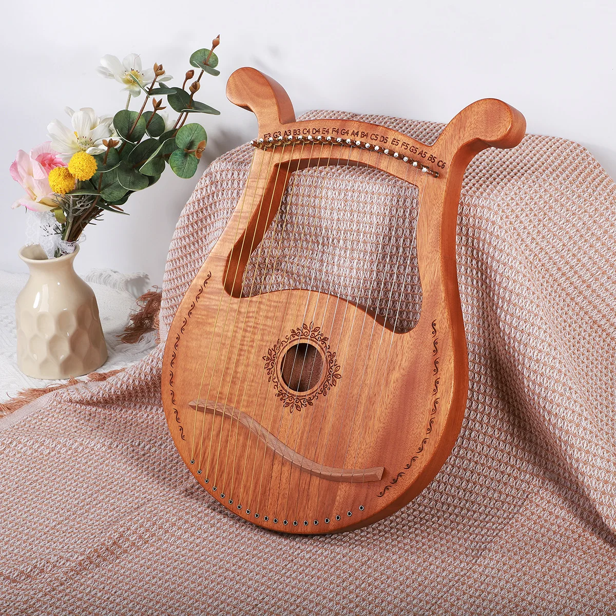 19 String Wood Color Lyre Harp Musical Instrument for Adult Beginners, Ideal for Practice and Performance