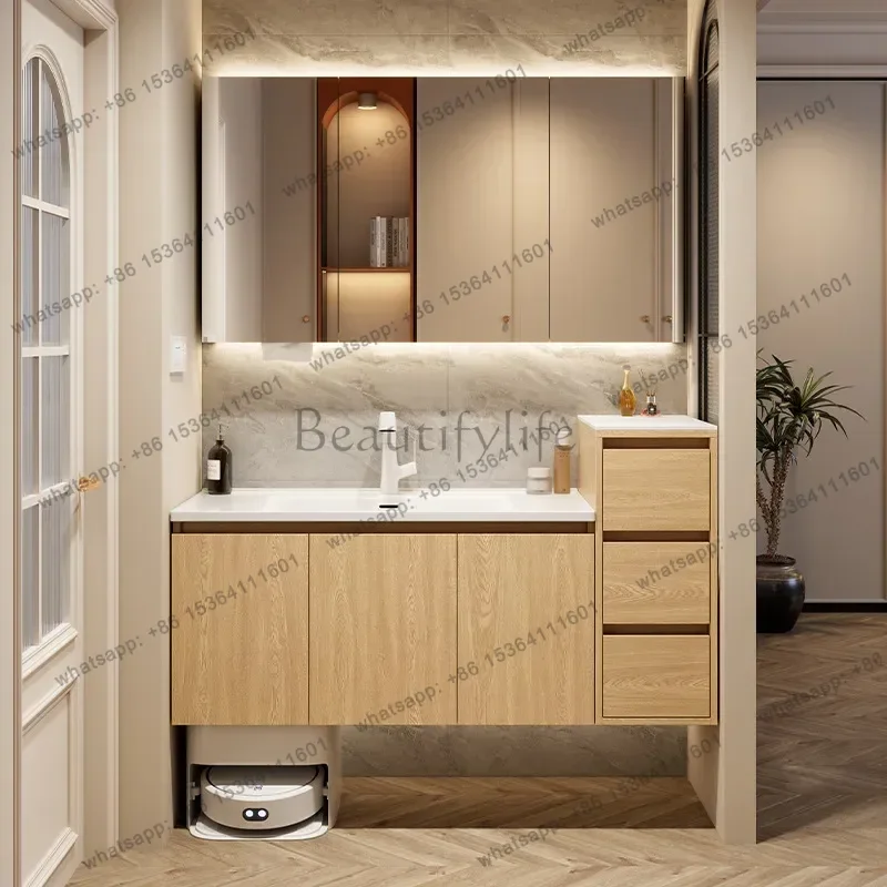 Sweeping robot bathroom cabinet ceramic integrated basin combination bathroom high and low washstand