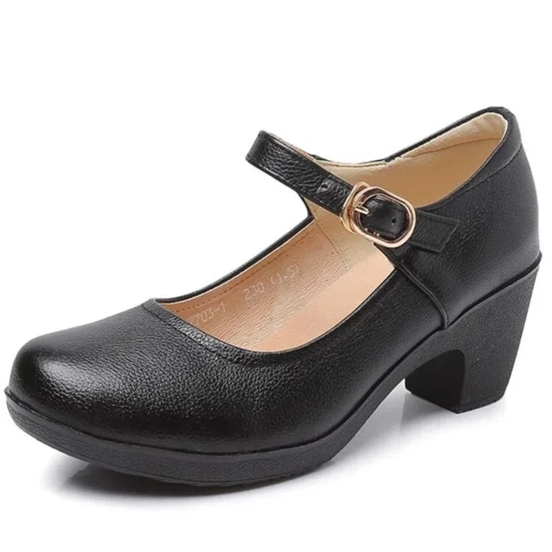 MVVJKE Genuine Leather Shoes Women Round Toe Pumps Sapato feminino High Heels Shallow Fashion Black Work Shoe Plus Size
