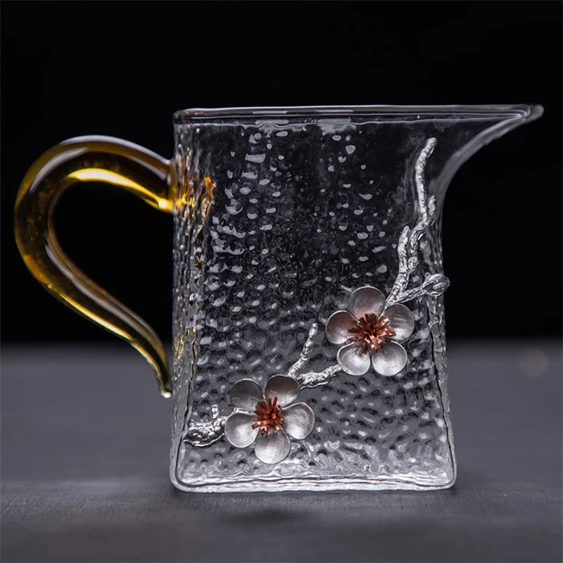 Japanese Heat Resistant Hammer Glass Teapot with Handgrip 3D Plum Glass Teacup Transparent Chahai Gongdao Cup Teaware