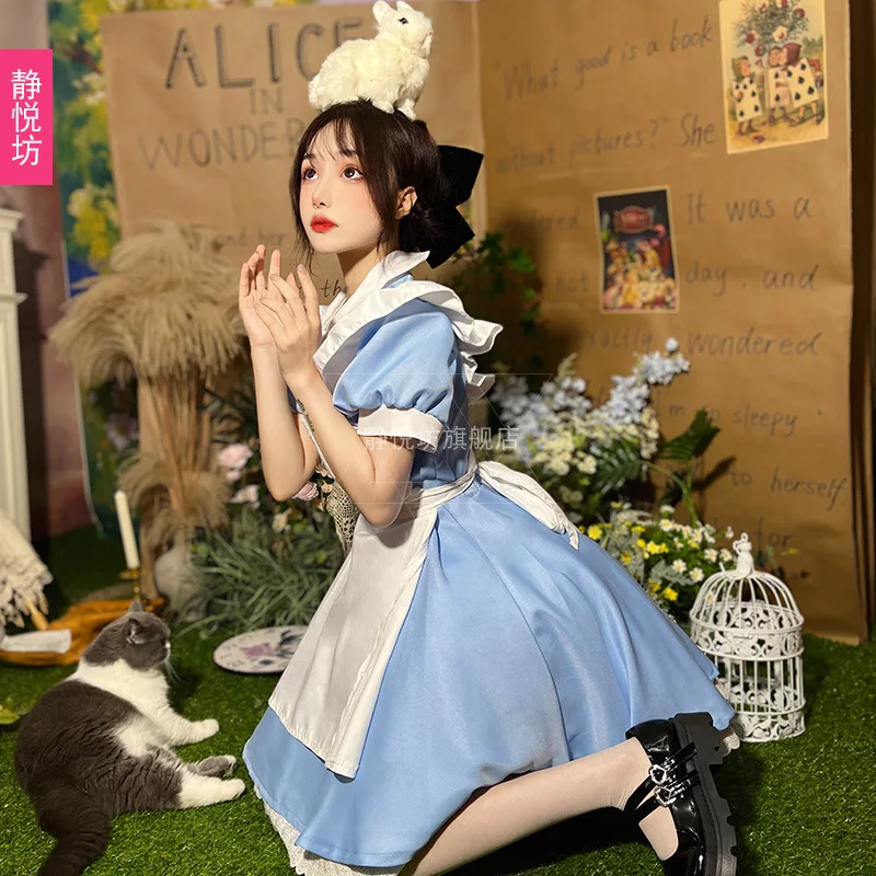 Women Lolita OP Dress Girl Blue Party Dress + Headwear + Apron Women Short Sleeve Maid Dress Set Halloween Cosplay Costume