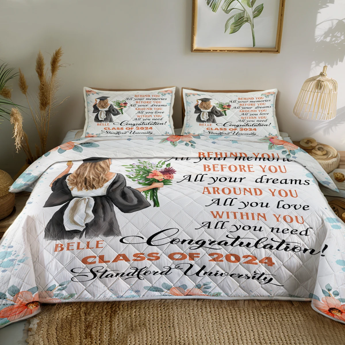 3PCS Graduation Blessing Theme Quilt Set Comforter With 2 Pilowcases Graduation Gift for Kids Students Home Collections