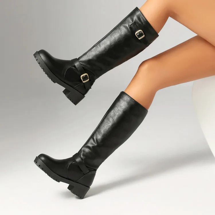 2026 Women's Knee High Boots Buckle Strap Low Chunky Heel Round Toe Long Booties Casual Fall Winter Fashion Comfortable Shoes
