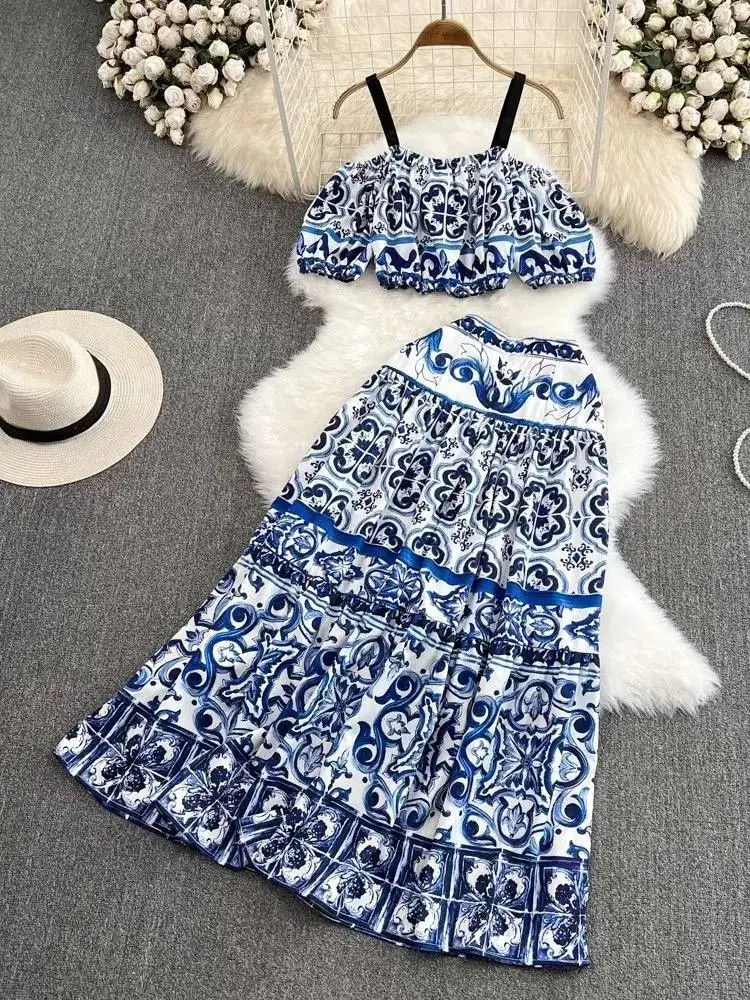

Women Short Puff Sleeve Strap Elastic Top＋Maxi Skirts Suit Summer Runway Holiday Blue and White Porcelain Print Two Piece Set