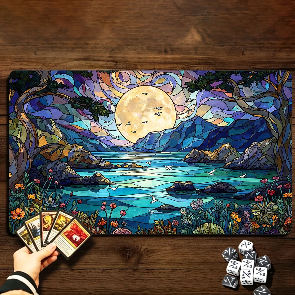 Artistic Full-Moon Nightscape TCG Playmat Magic Playmat Gathering Gaming Mat with Stitched Edge Anti-slip base Trading Card Game