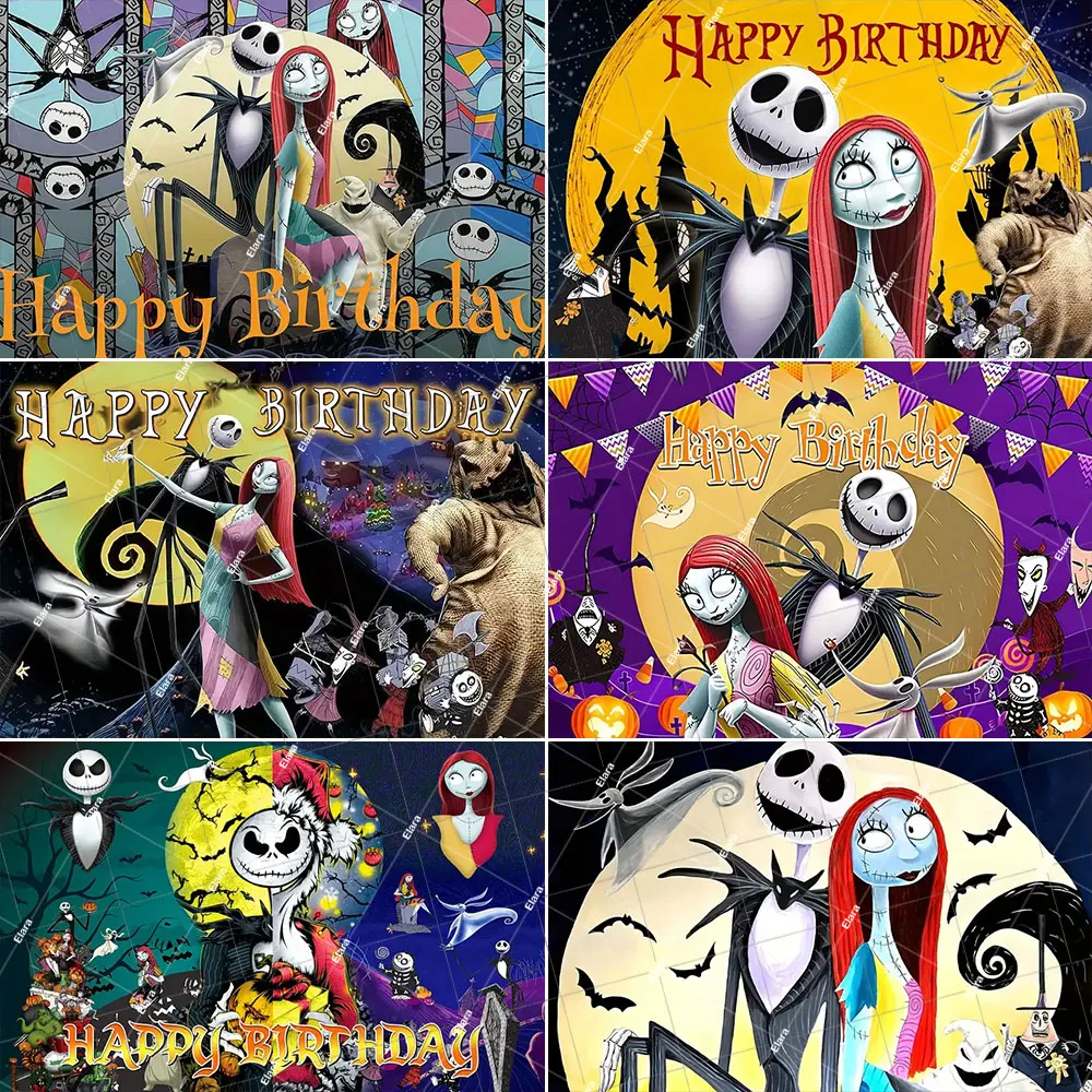

The Nightmare Before Christmas Theme Halloween Birthday Party Decoration Jack and Sally Photography Backdrop Photo Booth Props