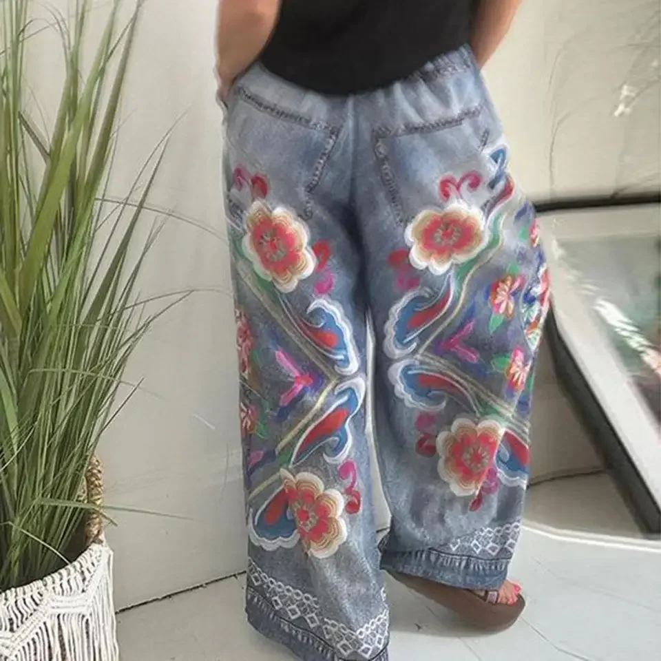 Denim Pocket Pants Exaggerated Printed Design Wide-leg Trousers Women's Elastic Waist Pants with Pockets