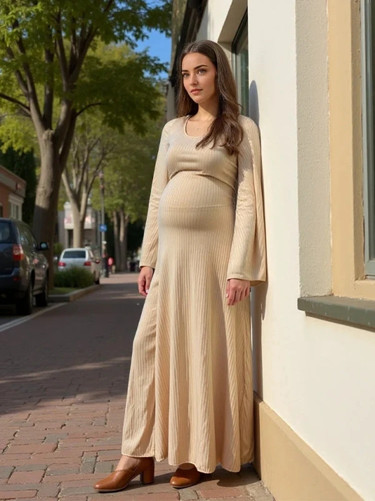 Vintage  Maternity Photography Dress Bell Sleeve Ribbed Knit Maternity Gown Elegant Pregnancy Photoshoot Outfit Fashion studio