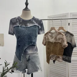 Women Raw Edge Denim Spliced Tie-Dye Mesh Irregular Shirt Vintage Sexy See Throgh Top Y2K Top Casual Holiday Streetwear 26171