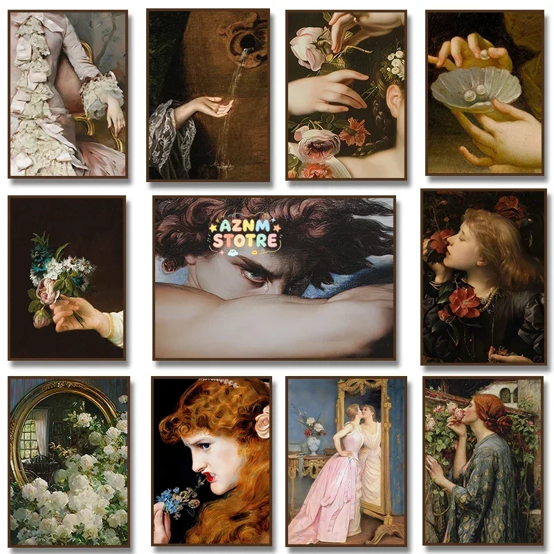 Alter Vintage Woman Portrait Poster Baroque Moody French Antique Flower Fallen Angel Canvas Painting for Living Room Home Dec