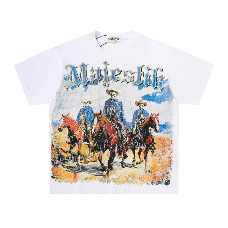 Majestik Skull Denim Crew Neck T-Shirt Men's Women's Summer Loose-Fit Casual Short-Sleeve T-Shirt