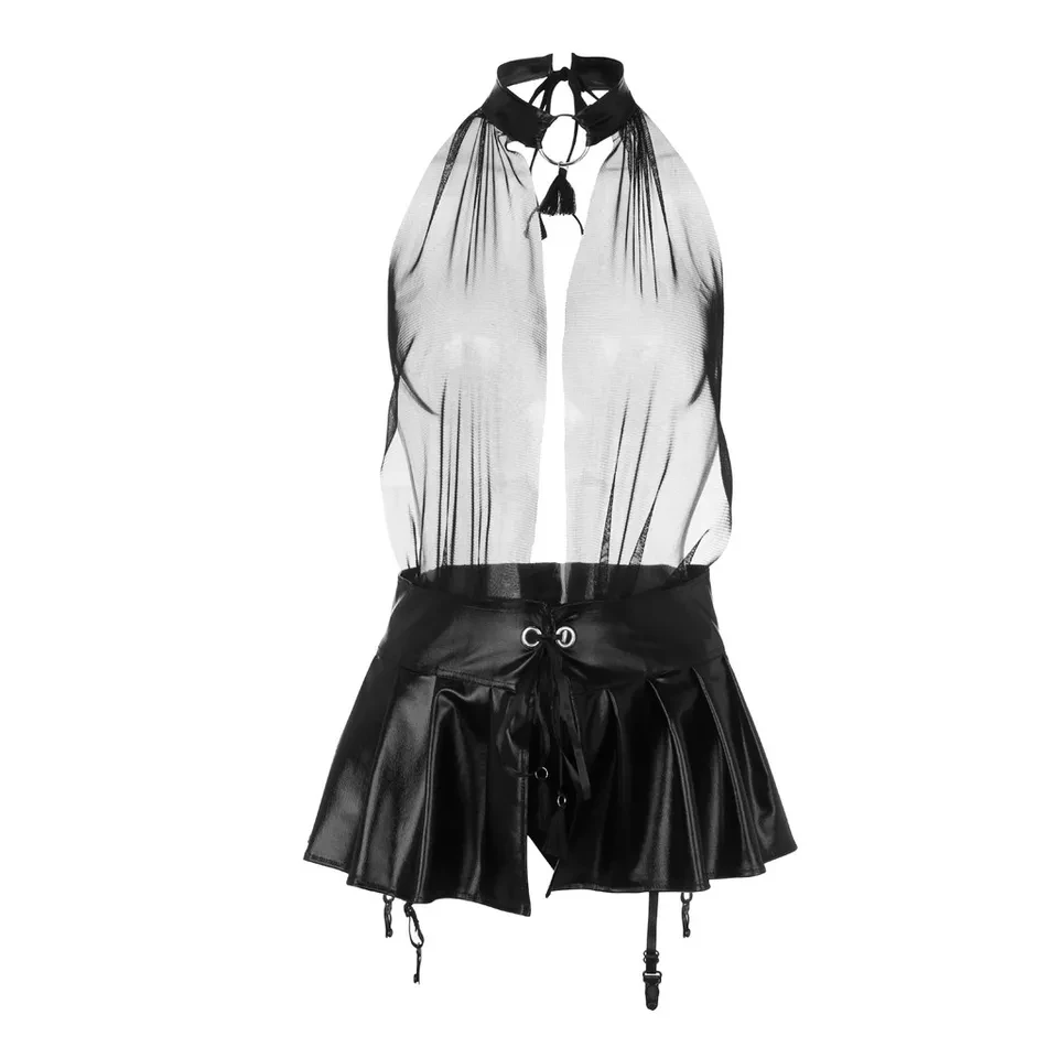 Women PVC Leather Suspender Skirt Backless Sexy Mesh Lingerie Erotic Latex Underwear Open Crotch See Through Bondage Dress Sexi