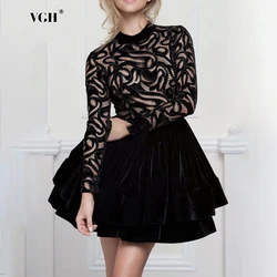 VGH Solid Hollow Slimming A Line Dresses For Women Round Neck Long Sleeve High Waist Embroidery Elegant Short Dress Female New