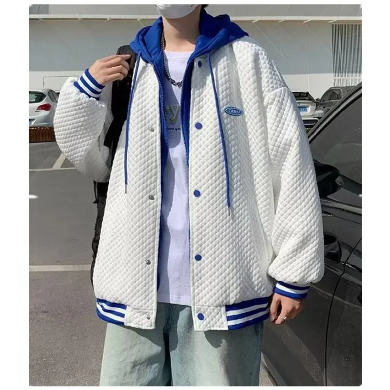 Men Women Hooded Jacket Ins Hip Hop Waffle Fake Two-piece Windproof Streetwear Unisex Baseball Uniform Youth Male Bomber Jacket