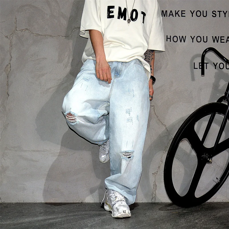

Модные светло-голубые рваные джинсы с широкими штанинами, свободные длинные брюки в американском ретро-стиле для уличной моды