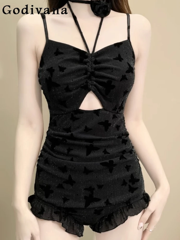 

Swimsuit 2025 New Black Lace Sexy One-piece Swimwear Summer Girls Ruffles Cute Print Hollow Seaside Vacation Suspender Swimsuits