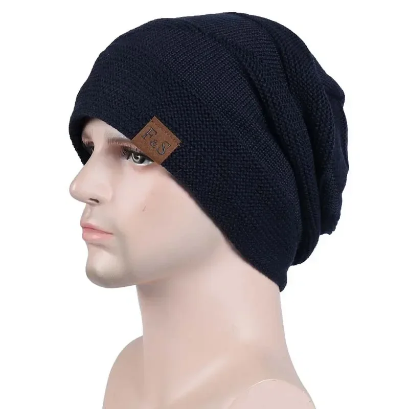 New Unisex Slouchy Winter Hats Add Fur Lined Men And Women Warm Beanie Cap Casual Label Decor Winter Knitted Hats