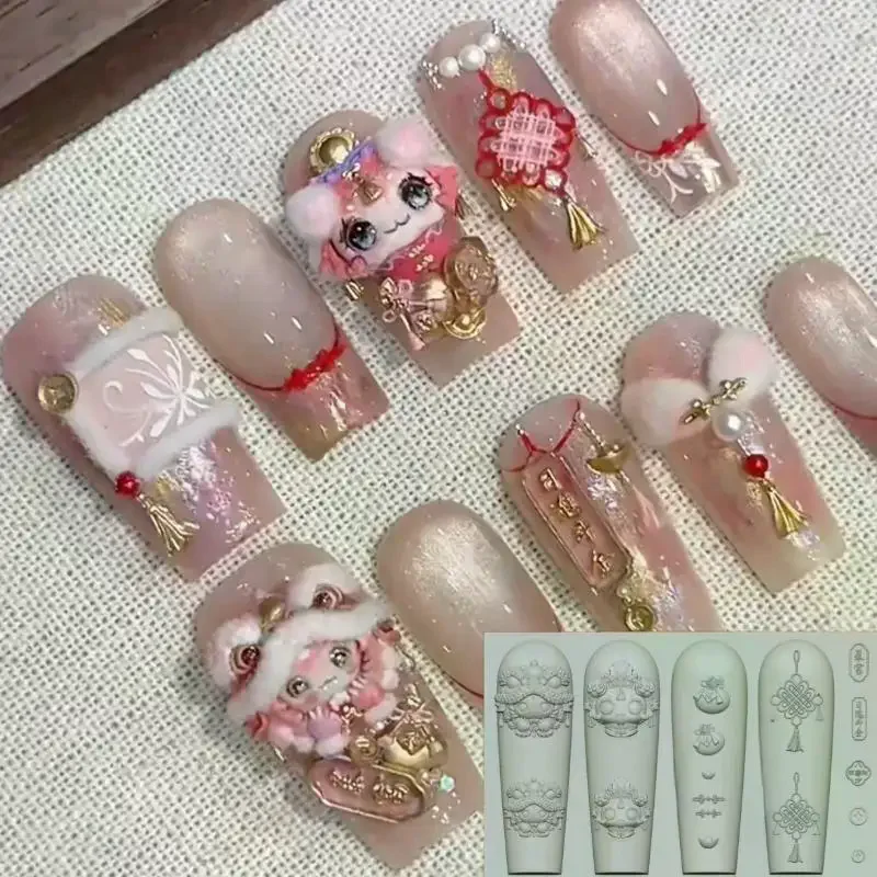 3D Chinese Style Lion Dance Silicone Nail Mold Retro Egypt Nails Templates DIY Nail Art Decoration Manicure Design Tools