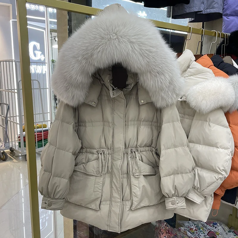 

Real 2023 Winter New Large Fox Fur Collar Down Jacket Women's Loose Waist Coat White Duck Down Parka Korean Solid Down Parka