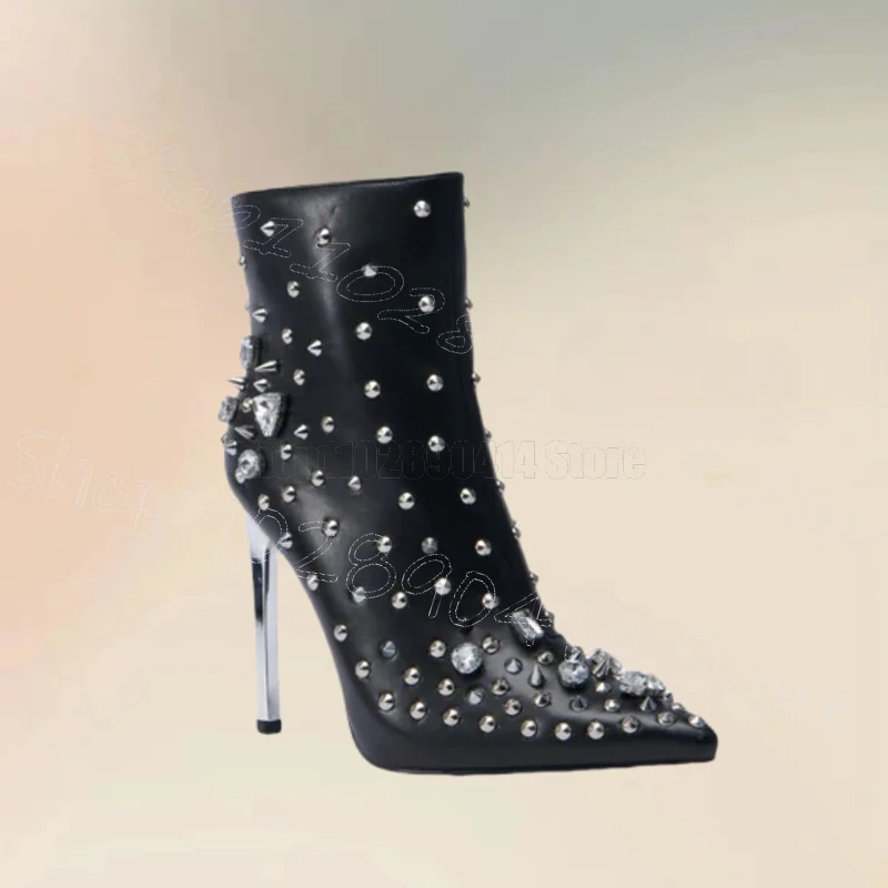 

Crystal Rivets Metal Heel Black Pointed Toe Boots Side Zipper Women Shoes Thin High Heels Party Banquet 2025 Zapatos Para Mujere