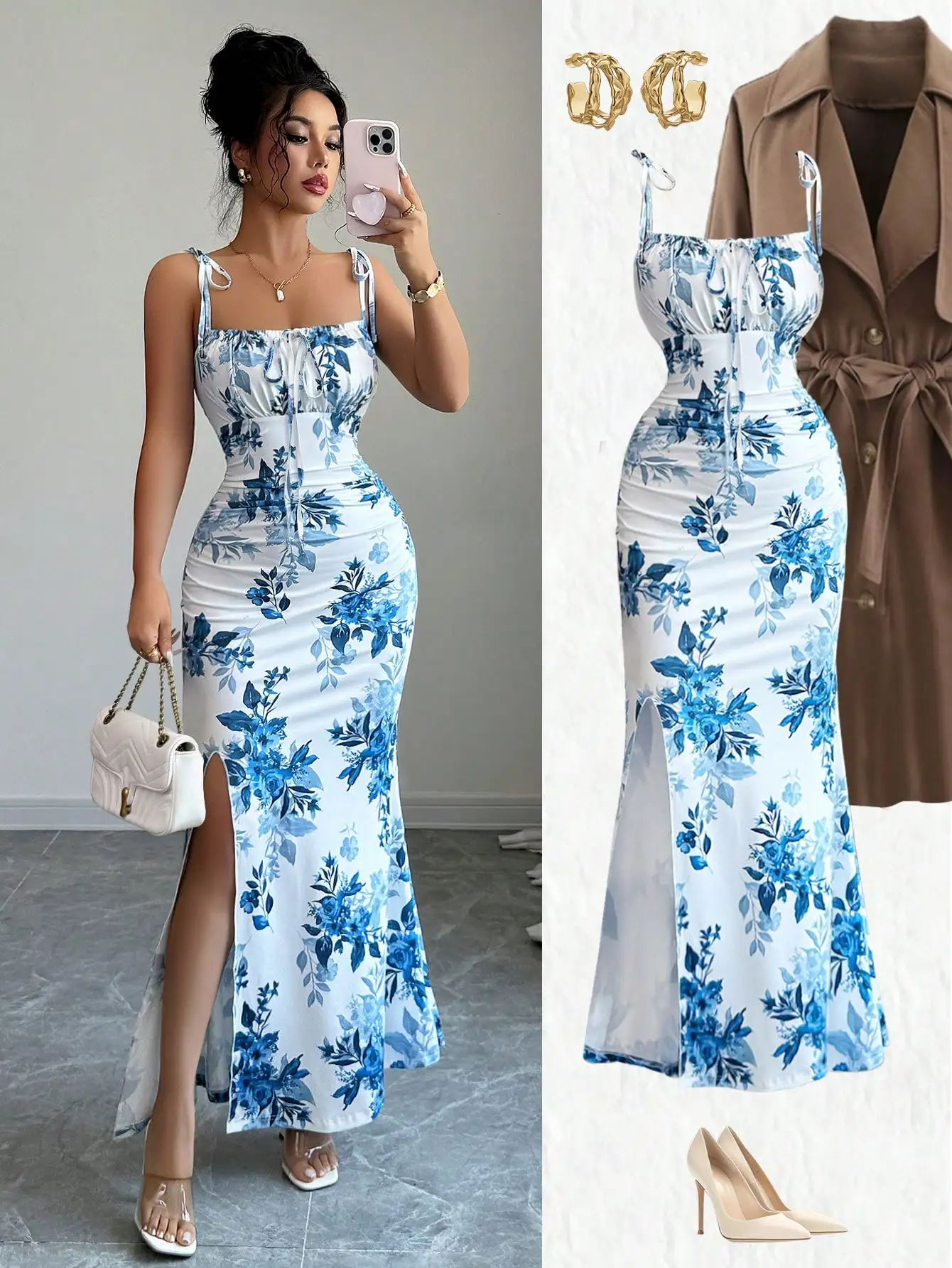 

Elenzga New Women's Spaghetti Strap Tie Bow Waist Ruched Hem Slit Design Dress, Versatile For Dates, Parties, Daily Wear,