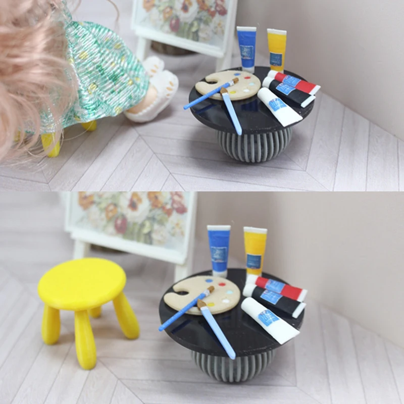 

1/12 Dollhouse Miniature Pigment Tube Paint Brush Palette Model Draw Room Art Supplies Decoration Accessory