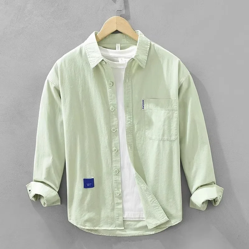 

Loose Casual Men's Long Sve irt Vintage Workwear Trendy Spring Autumn Outerwear Breathable Stand Fit Collar