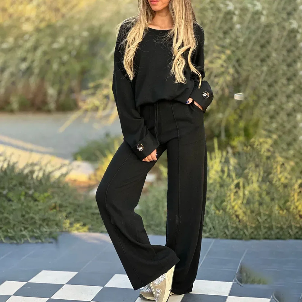 Autumn Fashion Long Sleeve T-shirts Pant Sets Women 2024 Casual O-neck Tops And Wide Leg Pants 2 Piece Sets Women Outfit Elegant